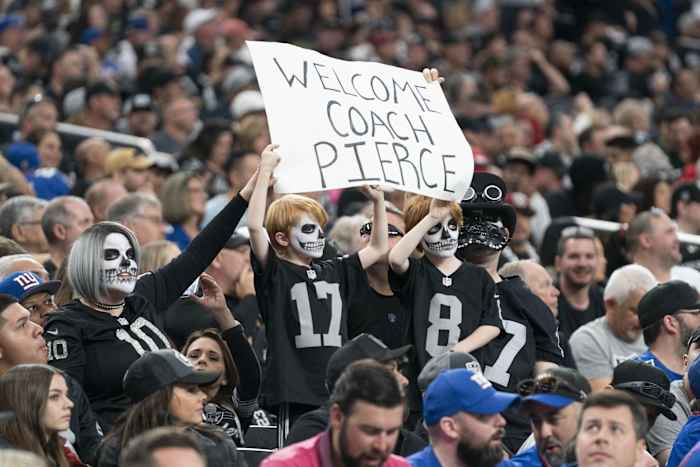Las Vegas Raiders head coach Antonio Pierce gets talked about by two die-hard Silver and Black fans